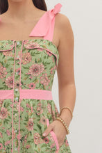 Load image into Gallery viewer, NEWEST ARRIVAL Matcha Green Pink Floral Shoulder Tie Midi Dress
