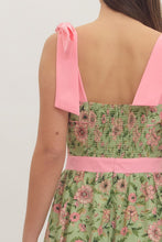 Load image into Gallery viewer, NEWEST ARRIVAL Matcha Green Pink Floral Shoulder Tie Midi Dress

