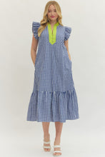 Load image into Gallery viewer, NEWEST ARRIVAL Blue/Chartreuse Green Gingham Midi Dress
