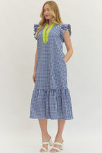 Load image into Gallery viewer, NEWEST ARRIVAL Blue/Chartreuse Green Gingham Midi Dress
