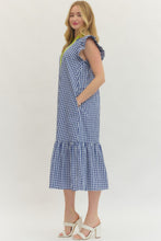 Load image into Gallery viewer, NEWEST ARRIVAL Blue/Chartreuse Green Gingham Midi Dress
