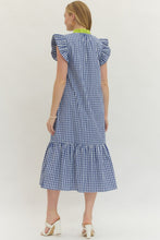 Load image into Gallery viewer, NEWEST ARRIVAL Blue/Chartreuse Green Gingham Midi Dress

