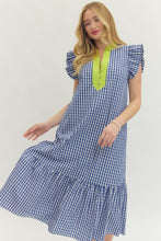Load image into Gallery viewer, NEWEST ARRIVAL Blue/Chartreuse Green Gingham Midi Dress
