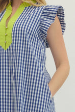 Load image into Gallery viewer, NEWEST ARRIVAL Blue/Chartreuse Green Gingham Midi Dress
