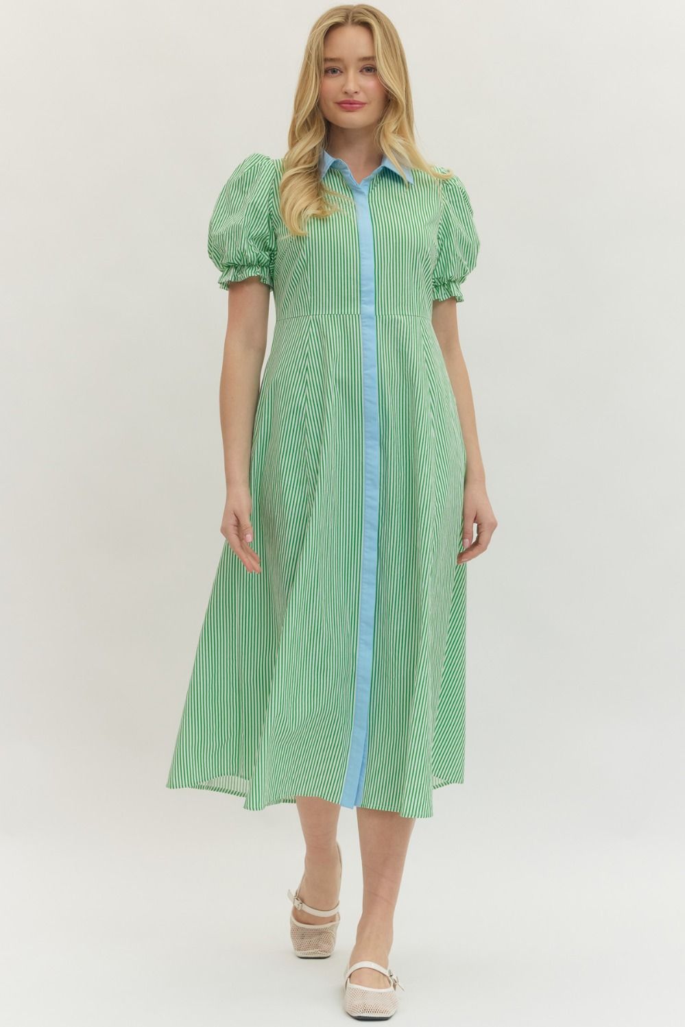 NEWEST ARRIVAL Green Striped Button Down Midi Dress – Five Points Boutique