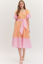 Load image into Gallery viewer, NEWEST ARRIVAL Orange/Pink Striped Puff Sleeve Midi Dress
