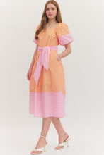 Load image into Gallery viewer, NEWEST ARRIVAL Orange/Pink Striped Puff Sleeve Midi Dress
