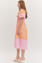 Load image into Gallery viewer, NEWEST ARRIVAL Orange/Pink Striped Puff Sleeve Midi Dress
