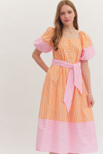 Load image into Gallery viewer, NEWEST ARRIVAL Orange/Pink Striped Puff Sleeve Midi Dress
