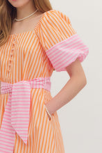 Load image into Gallery viewer, NEWEST ARRIVAL Orange/Pink Striped Puff Sleeve Midi Dress
