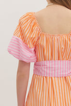 Load image into Gallery viewer, NEWEST ARRIVAL Orange/Pink Striped Puff Sleeve Midi Dress
