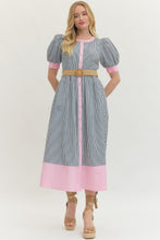 Load image into Gallery viewer, NEWEST ARRIVAL *PREORDER 4/1* Navy/Pink Striped Button Down Midi Dress
