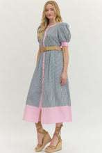 Load image into Gallery viewer, NEWEST ARRIVAL *PREORDER 4/1* Navy/Pink Striped Button Down Midi Dress
