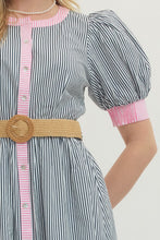 Load image into Gallery viewer, NEWEST ARRIVAL *PREORDER 4/1* Navy/Pink Striped Button Down Midi Dress
