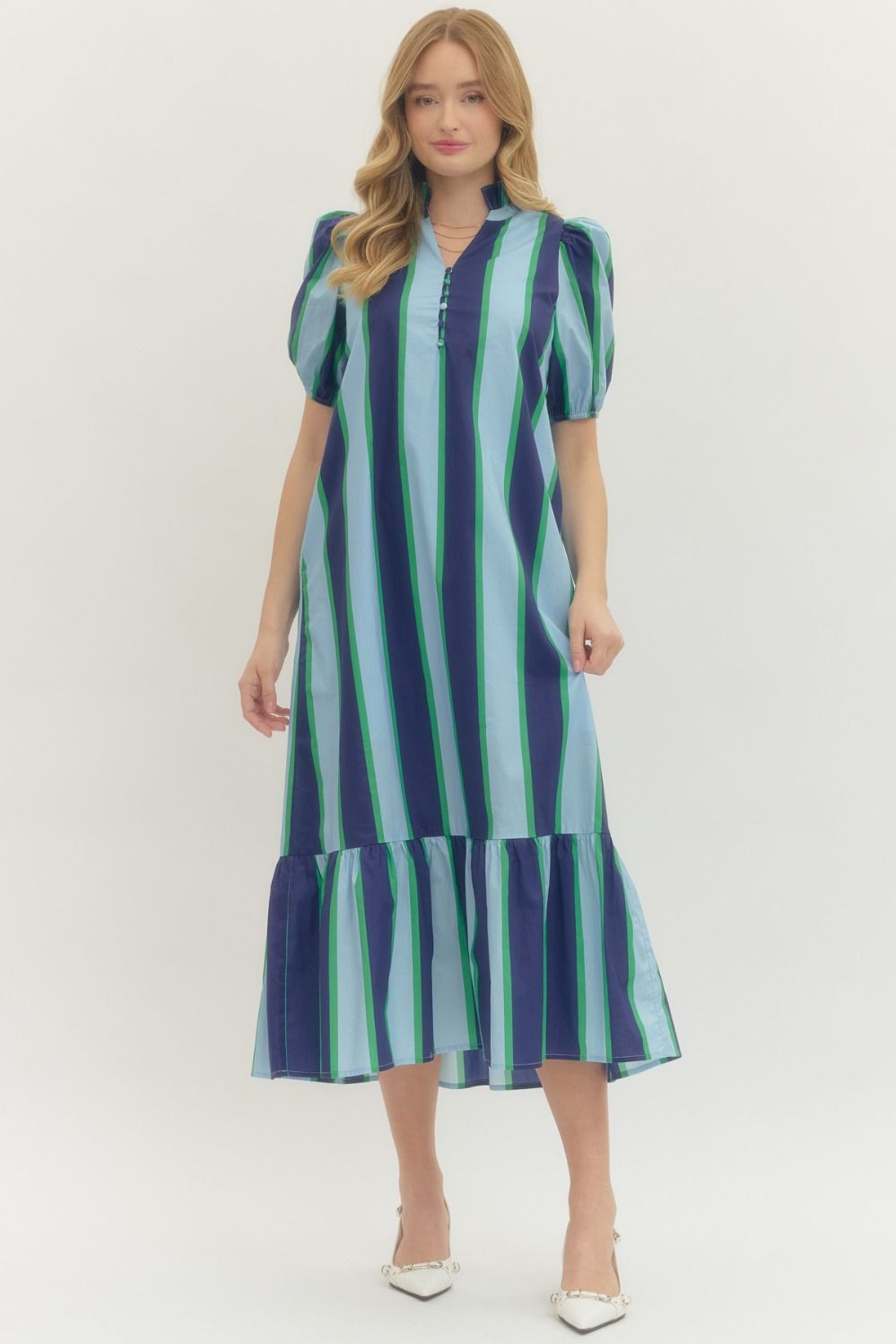 NEWEST ARRIVAL Blue/Green Bold Striped Midi Dress  Five Points Boutique