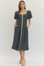 Load image into Gallery viewer, NEWEST ARRIVAL Navy/Chartreuse Polka Dot Midi Dress
