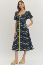 Load image into Gallery viewer, NEWEST ARRIVAL Navy/Chartreuse Polka Dot Midi Dress
