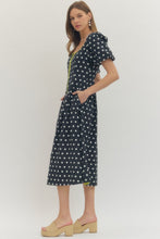 Load image into Gallery viewer, NEWEST ARRIVAL Navy/Chartreuse Polka Dot Midi Dress
