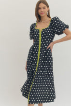 Load image into Gallery viewer, NEWEST ARRIVAL Navy/Chartreuse Polka Dot Midi Dress
