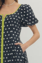 Load image into Gallery viewer, NEWEST ARRIVAL Navy/Chartreuse Polka Dot Midi Dress
