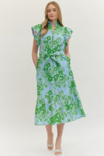 Load image into Gallery viewer, NEWEST ARRIVAL Blue/Green Floral Belted Midi Dress
