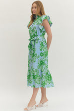 Load image into Gallery viewer, NEWEST ARRIVAL Blue/Green Floral Belted Midi Dress
