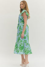 Load image into Gallery viewer, NEWEST ARRIVAL Blue/Green Floral Belted Midi Dress
