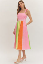 Load image into Gallery viewer, NEWEST ARRIVAL Pink Summer Color Block Shoulder Tie Midi Dress
