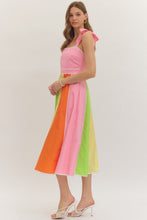 Load image into Gallery viewer, NEWEST ARRIVAL Pink Summer Color Block Shoulder Tie Midi Dress
