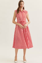 Load image into Gallery viewer, NEWEST ARRIVAL Red Striped Waist Tie Midi Dress
