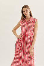 Load image into Gallery viewer, NEWEST ARRIVAL Red Striped Waist Tie Midi Dress
