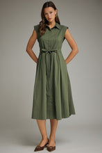 Load image into Gallery viewer, NEWEST ARRIVAL Olive Green Button Down Waist Tie Midi Dress
