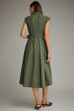 Load image into Gallery viewer, NEWEST ARRIVAL Olive Green Button Down Waist Tie Midi Dress
