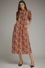 Load image into Gallery viewer, NEWEST ARRIVAL Brick Red Floral Ruffle Mock Neck Midi Dress
