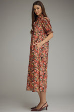 Load image into Gallery viewer, NEWEST ARRIVAL Brick Red Floral Ruffle Mock Neck Midi Dress
