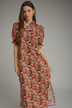 Load image into Gallery viewer, NEWEST ARRIVAL Brick Red Floral Ruffle Mock Neck Midi Dress
