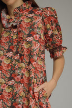 Load image into Gallery viewer, NEWEST ARRIVAL Brick Red Floral Ruffle Mock Neck Midi Dress
