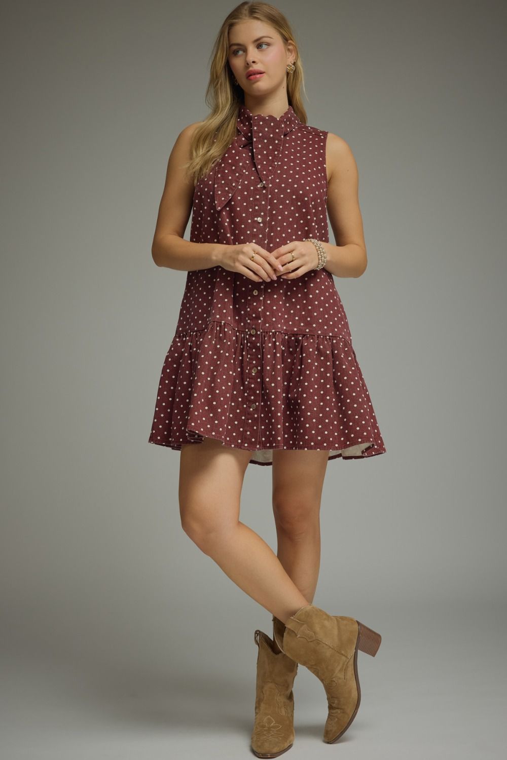 NEWEST ARRIVAL Dark Wine Polka Dot Button Down Denim Dress – Five Points Boutique
