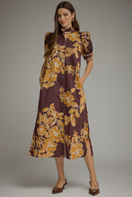 Load image into Gallery viewer, NEWEST ARRIVAL Plum/Gold Floral Ruffle Mock Neck Midi Dress

