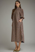 Load image into Gallery viewer, NEWEST ARRIVAL Navy Floral Print Ruffle Mock Neck Midi Dress
