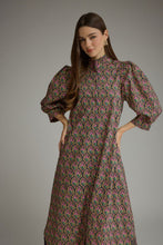Load image into Gallery viewer, NEWEST ARRIVAL Navy Floral Print Ruffle Mock Neck Midi Dress
