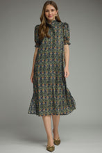 Load image into Gallery viewer, NEWEST ARRIVAL Navy Floral Ruffle Mock Neck Midi Dress

