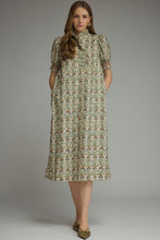 Load image into Gallery viewer, NEWEST ARRIVAL Ecru/Olive Green Floral Ruffle Mock Neck Midi Dress
