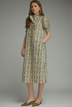 Load image into Gallery viewer, NEWEST ARRIVAL Ecru/Olive Green Floral Ruffle Mock Neck Midi Dress
