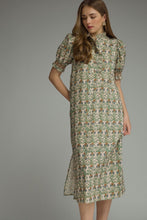 Load image into Gallery viewer, NEWEST ARRIVAL Ecru/Olive Green Floral Ruffle Mock Neck Midi Dress
