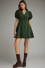 Load image into Gallery viewer, NEWEST ARRIVAL Hunter Green Corduroy Zipper Front Puff Sleeve Dress
