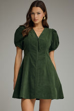 Load image into Gallery viewer, NEWEST ARRIVAL Hunter Green Corduroy Zipper Front Puff Sleeve Dress
