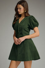 Load image into Gallery viewer, NEWEST ARRIVAL Hunter Green Corduroy Zipper Front Puff Sleeve Dress
