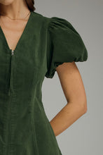 Load image into Gallery viewer, NEWEST ARRIVAL Hunter Green Corduroy Zipper Front Puff Sleeve Dress
