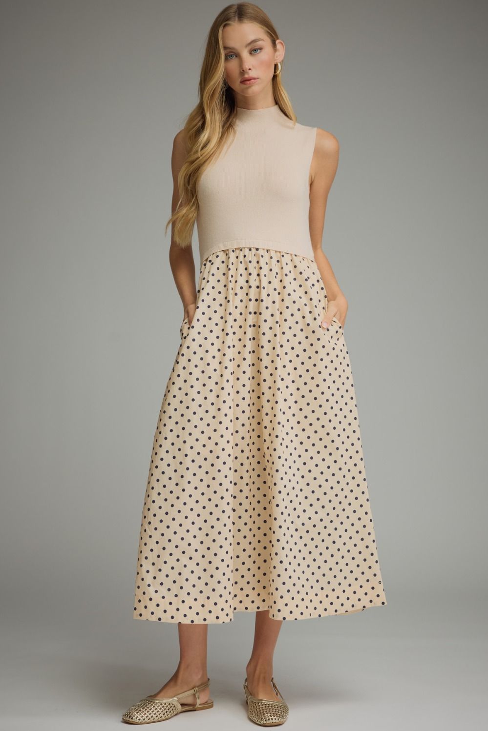 NEWEST ARRIVAL Cream/Black Polka Dot Knit Contrast Midi Dress – Five Points Boutique